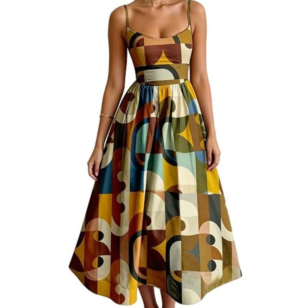 Abstract Geometric Print Spaghetti Strap Flared Midi Dress